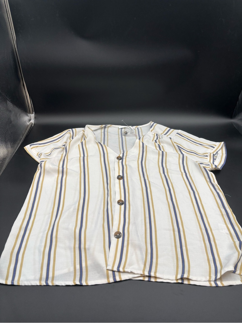 Lush Striped Payton Button-Front Blouse in White, Blue & Tan XL
